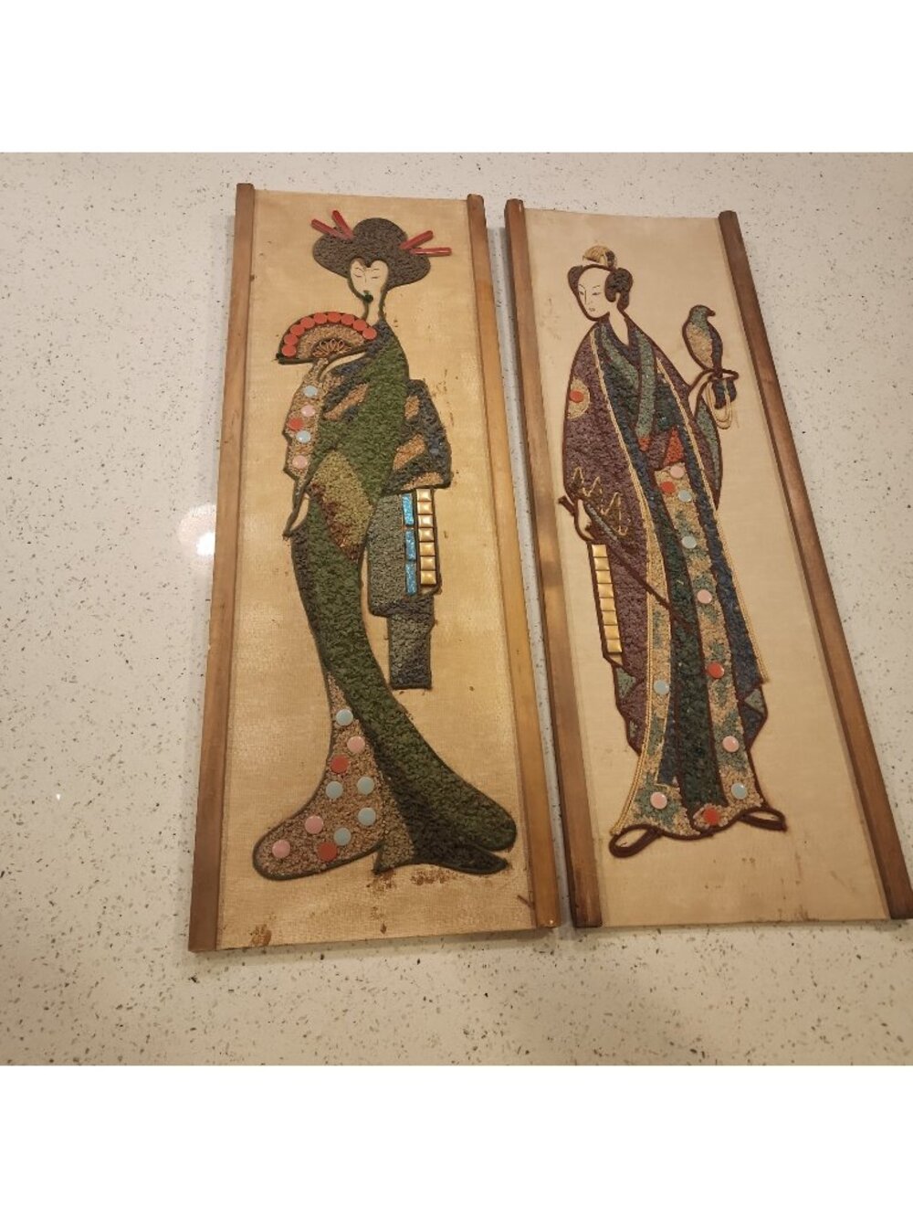 2 Vintage Japanese Mosaic Wood Canvas Panel Encrusted With Pebbles Imperfections